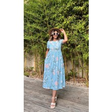 Barış Beauty Kadın Kısa Kollu Çiçek Baskı Midi Boy Süprem Elbise