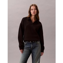 Calvin Klein Kadın Oversize Polo Yaka Kolunda Logo Etiket Detaylı Uzun Kollu Siyah Sweatshirt LV044E223G-UB1