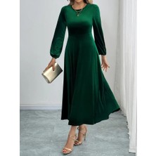 Barış Beauty Kadın Uzun Kollu Bisiklet Yaka Midi Kadife Elbise