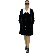 Aysel Büyük Beden Kadın Kadife Taşlı Etek Ucu Fırfırlı Yakası Taşlı Düğme Detaylı Uzun Kollu Kısa Elbise