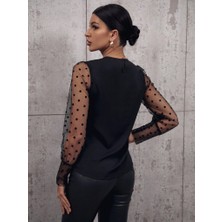 Barış Beauty Kadın Uzun Kollu Bisiklet Yaka Kollar Puantiyeli Tül Detaylı Sandy Bluz