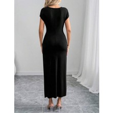 Barış Beauty Kadın Yarım Ay Kollu Yuvarlak Yaka Önünde Toka Detaylı Modal Maxi Elbise