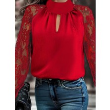 Barış Beauty Kadın Uzun Kollu Göğüs Pencere Detay Yaka Boğazlı Kolları Tüllü Sandy Bluz