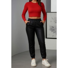 Barış Beauty Kadın Paçası Lastikli Cep Detaylı Deri Tayt