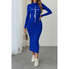 Barış Beauty Kadın Uzun Kollu Boğazlı Baskı Detaylı Viskon Tam Boy Elbise