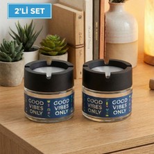 Le Paris 2'li Set Kokusuz Cam Küllük - Good Vibes Only Baskılı Kapaklı Duman Hapseden Kül Tablası