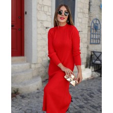 Barış Beauty Kadın Uzun Kollu Yarı Balıkçı Yaka Arkadan Pencere Detaylı Bağcıklı Midi Triko Elbise