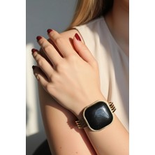 Caş Dekorasyon Altın Renk Siyah Taşlı Çelik Kelepçe Bileklik