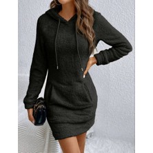 Barış Beauty Kadın Uzun Kollu Kapşonlu Cepli Mini Peluş Elbise