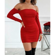 Barış Beauty Kadın Uzun Kollu Omuzlardan Açık Takma Kollu Büzgülü Sandy Kısa Elbise