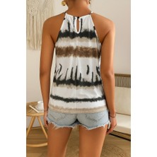 Barış Beauty Kadın Halter Kollu Damla Detaylı Desenli Süprem Bluz