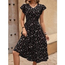 Barış Beauty Kadın Kısa Kollu V Yakalı Beli Lastikli Çiçek Desenli Süprem Elbise