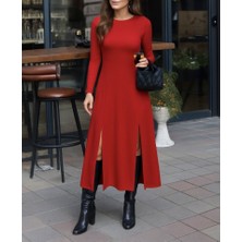 Barış Beauty Kadın Uzun Kollu Hafif Kayık Yaka Sırt Dekolteli Yırtmaç Detaylı Viskon Tam Boy Elbise