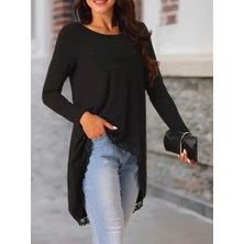 Barış Beauty Kadın Uzun Kollu Bisiklet Yaka Asimetrik Kesim Detaylı Dantelli Viskon Bluz
