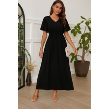 Barış Beauty Kadın Kısa Kollu V Yakalı Beli Lastikli Uzun Viskon Elbise