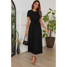Barış Beauty Kadın Kısa Kollu Bisiklet Yaka Belden Bağlamalı Önü Bağcık Detaylı Maksi Boy Viskon Elbise
