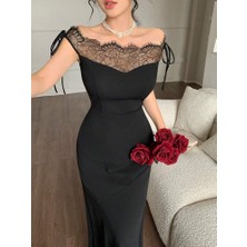 Barış Beauty Kadın Göğüs ve Yakası Dantel Detaylı Kayık Yaka Görünümlü Uzun Ithal Krep Elbise