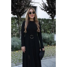 Barış Beauty Kadın Uzun Kollu Bisiklet Yaka Önden Halka Detaylı Yırtmaçlı Uzun Viskon Iki Iplik Elbise