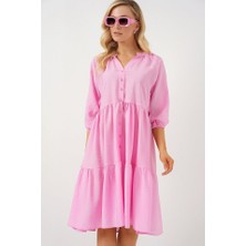 Barış Beauty Düğmeli Kısa Kol Elbise 2559 - Pembe