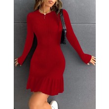 Barış Beauty Kadın Bisiklet Yaka Uzun Kol Etek Ucu Fırfırlı Triko (Polyenit) Mini Boy Elbise