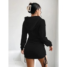 Barış Beauty Kadın Uzun Kollu Kapşonlu Yandan Büzgülü Mini Viskon Iki Iplik Elbise