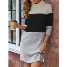 Barış Beauty Kadın Uzun Kollu Balıkçı Yaka Çizgili Çok Renkli Mini Şardonlu Kaşkorsel Elbise