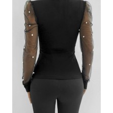 Barış Beauty Kadın Uzun Kollu Inci Detaylı Tüllü Viskon Bluz