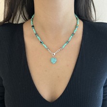 Suerte Accessories Kalp Kesim Turkuaz Doğal Taş Uçlu El Yapımı Kristal Boncuklu Özel Tasarım Minimal Kolye