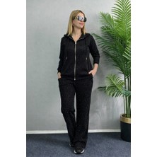 Barış Beauty Kadın Uzun Kollu Kapşonlu Fermuarlı Taşlı Önü Fermuarlı Viskon Iki Iplik Bluz ve Eşofman Altı Ikili Takım