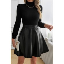 Barış Beauty Kadın Uzun Kollu Balıkçı Yaka Üst Kaşkorse Alt Deri Detaylı Mini Elbise