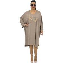 DARKWIN Büyük Beden Kadın Pamuklu Kapri Kol Inci Taş Detaylı Yırtmaçlı Midi Elbise