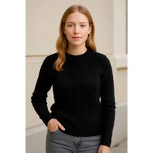 Barış Beauty Bisiklet Yuvarlak Yaka Triko Kazak Pamuklu Kalın Fitilli Dokuma, Regular Fit Uzun Kollu Kışlık Model - Siyah