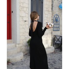 Barış Beauty Kadın Uzun Kollu Yarı Balıkçı Yaka Arkadan Pencere Detaylı Bağcıklı Midi Triko Elbise