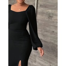 Barış Beauty Kadın Uzun Kollu Geometrik Yakalı Yandan Yırtmaçlı Uzun Janjan Krep Elbise