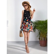 Barış Beauty Kadın Sıfır Kollu Bisiklet Yaka Çiçek Desenli Süprem Mini Elbise