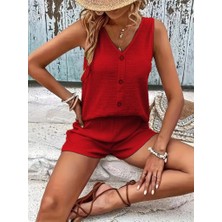 Barış Beauty Kadın Askılı Kolsuz V Yakalı Önden Düğmeli Bürümcük Bluz ve Short Ikili Takım