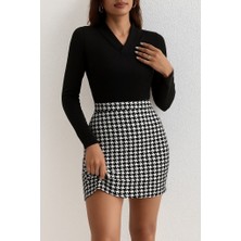 Barış Beauty Kadın Uzun Kollu V Yakalı Kaz Ayağı Desenli Şardonlu Dalgıç Elbise