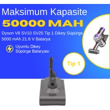 Dyson V8 SV10 SV25 Tip 1 Dikey Süpürge 5000 mAh 21.6 V  Batarya – Orjinal Uyumlu Uzun Ömürlü, Yüksek Performans Pil