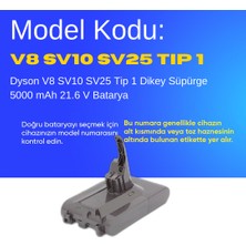 Dyson V8 SV10 SV25 Tip 1 Dikey Süpürge 5000 mAh 21.6 V  Batarya – Orjinal Uyumlu Uzun Ömürlü, Yüksek Performans Pil