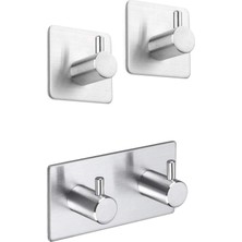 DELTAHOME Paslanmaz Çelik 2 Topuzlu Bornoz Askısı + 2 Adet Tek Topuzlu Havlu Askısı -Yapışkanlı Sistem