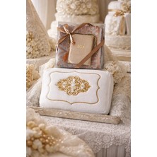 Dilex 4 Parça Kadife   Bohça Gelin Damat Hediye Çeyiz Bohça  Tafta Saçaklı Kutu Seccade Set Gold Beyaz