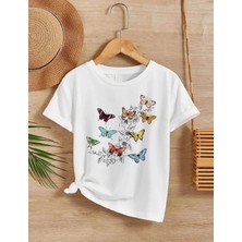 Giyim Center Kız Çocuk Bisiklet Yaka Baskılı T-Shirt - Beyaz