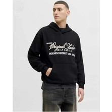 Divin Yazılı Grafik Baskılı 2iplikli Siyah Kapüşonlu Oversize Sweatshirt