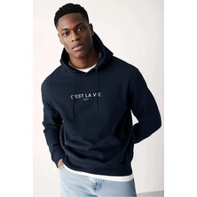 Divin Erkek Baskılı Kapüşonlu Sweatshırt Oversize Kesim 3iplik Pamuklu Kumaş