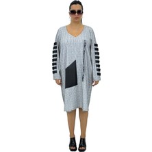 DARKWIN Büyük Beden Pamuklu  Kol Detaylı V Yaka  Deri Cep Detaylı Uzun Kollu Kadın Midi Elbise