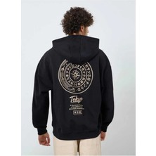 Divin Yazılı Grafik Baskılı 2iplikli Siyah Kapüşonlu Oversize Sweatshirt