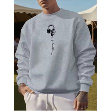 Divin -Erkek Kulaklık Baskılı Sweatshırt 3iplik Kaliteli Kumaş Oversize Kesim