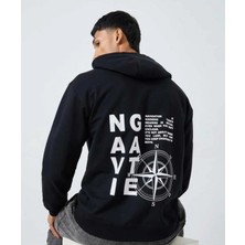 Divin Yazılı Grafik Baskılı 2iplikli Siyah Kapüşonlu Oversize Sweatshirt