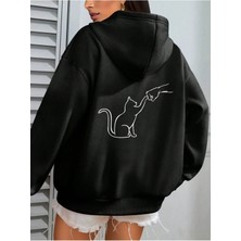 Divin Kadın Kedi Baskılı Sweatshırt 3iplik Kaliteli Kumaş Oversize Kesim