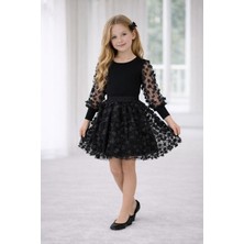 Dıgıl Kids Kız Çocuk Siyah Çiçek Desenli T-Shirt Etek Takım